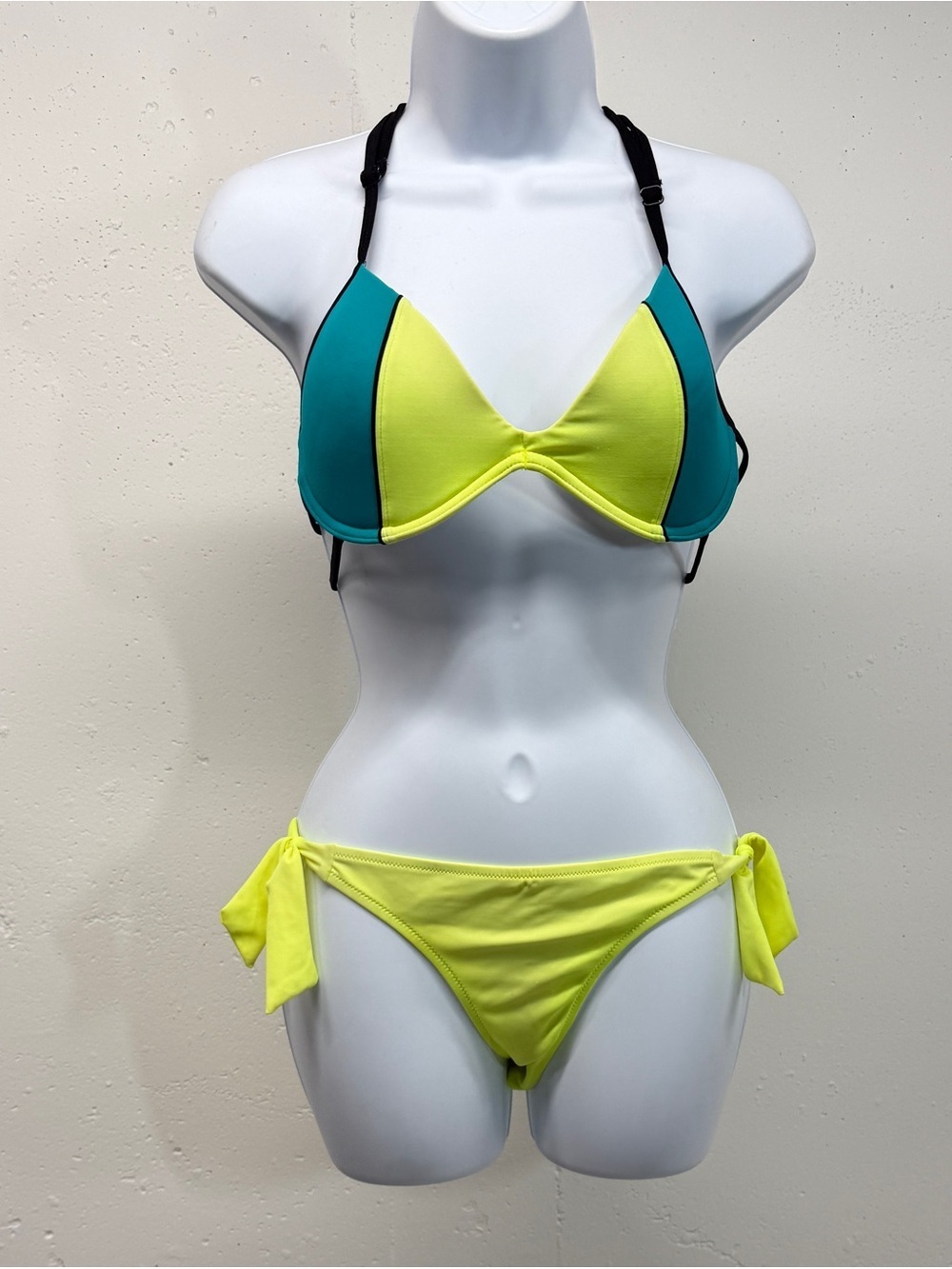 Victoria's Secret Pink Neon Yellow and Teal Two-Tone Bikini Set